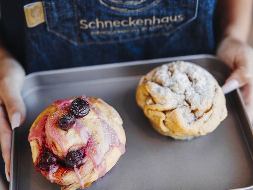 Zwei Schnecken auf einem Tablett im Lübecker Schneckenhaus